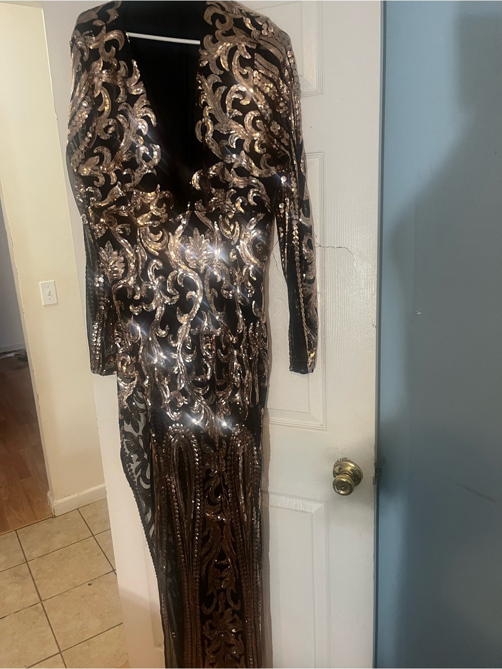 Fashion Nova Black and Gold Sequin Asymmetrical Deep V Gown